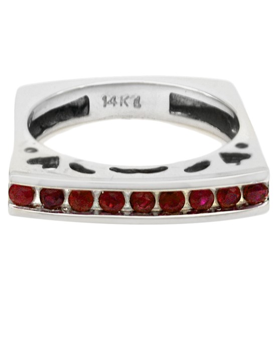 Single Row Ruby Cutout Square Shank Stackable Ring in White Gold